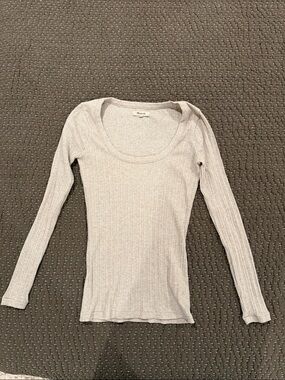 Madewell Oatmeal Ribbed Scoop-Neck Long Sleeve Top